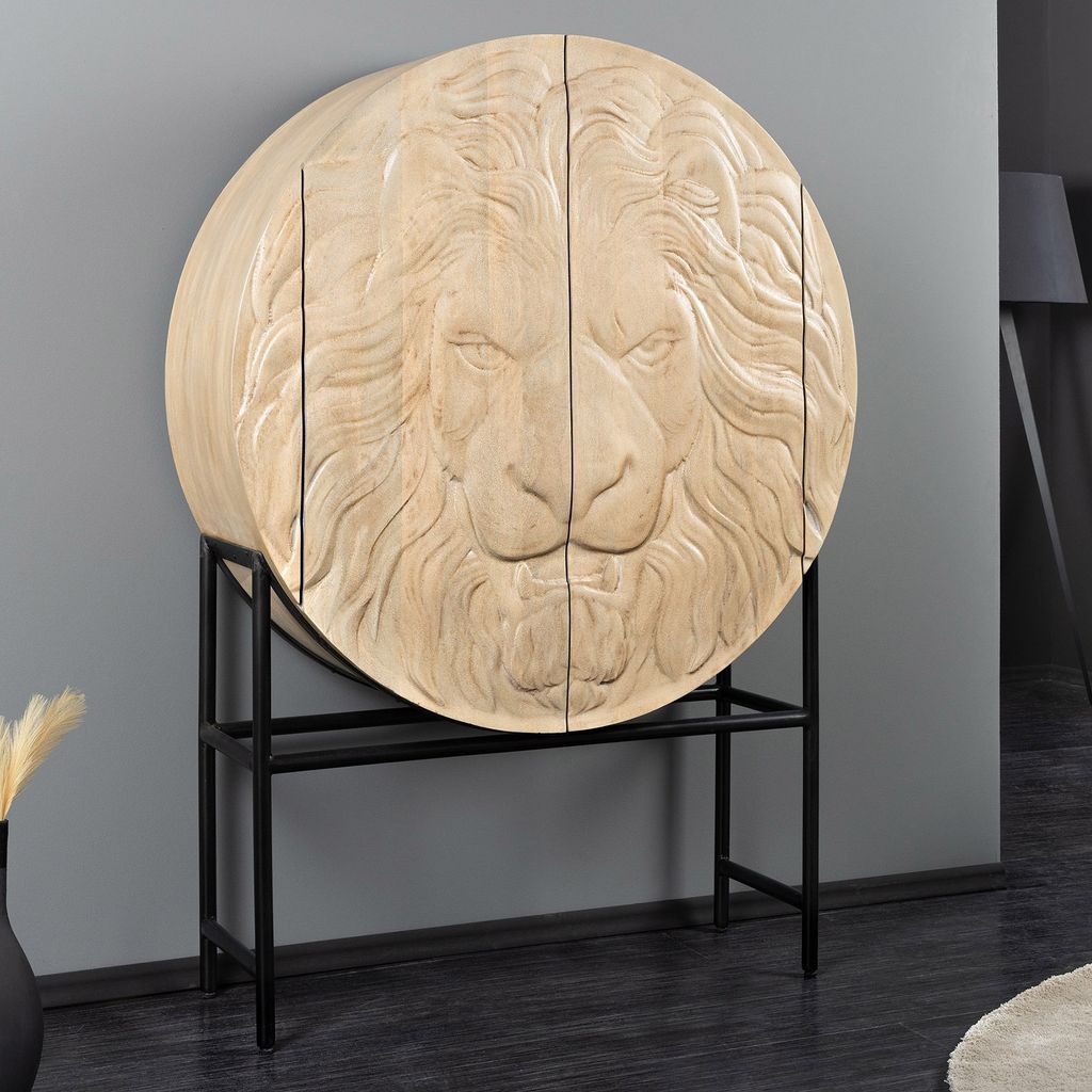 riess-ambiente Massives Highboard LION 140cm weiß Mangoholz Metall 3D Schnitzereien Kunstwerk