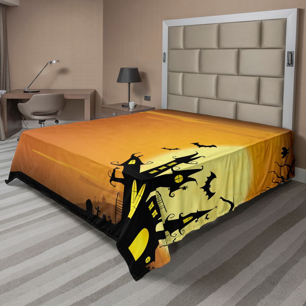 ABAKUHAUS Halloween Bettlaken, Gothic Spukhaus Fledermäuse Western Spooky Night Scene mit Kürbis Zeichnung Kunst, weiches bequemes oberes Bettlak...