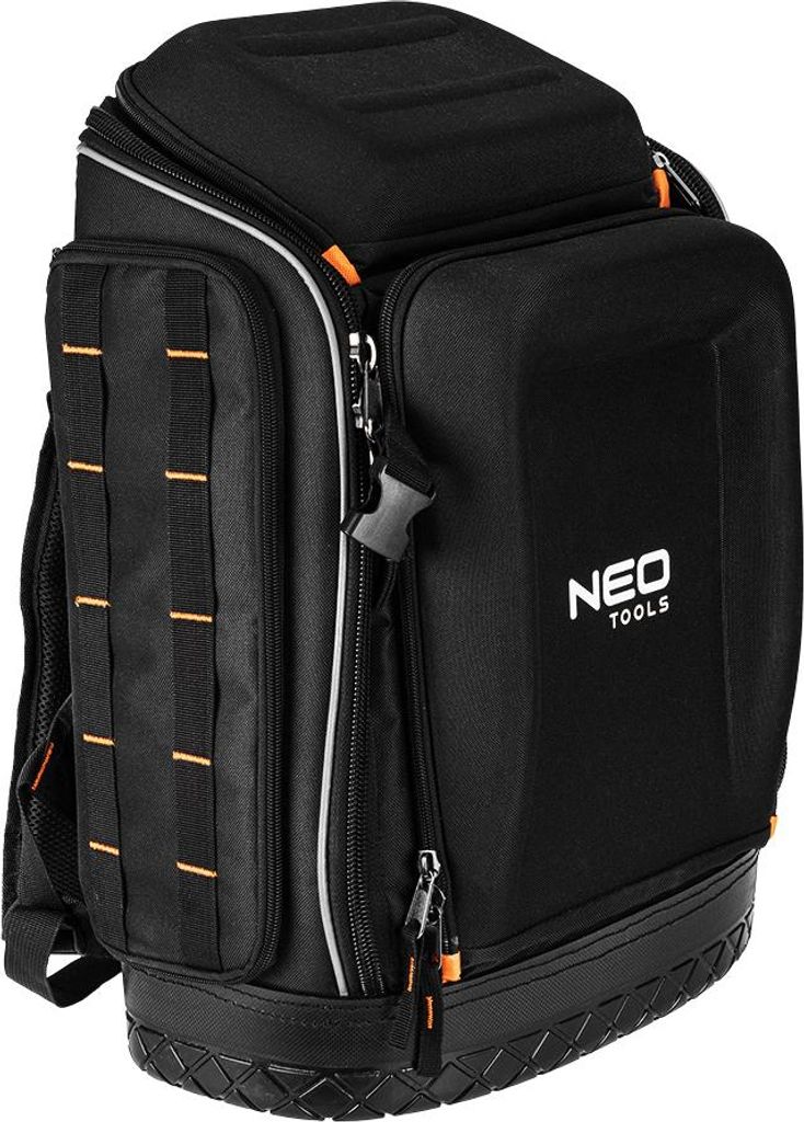 A black tool backpack with orange accents and a white logo.