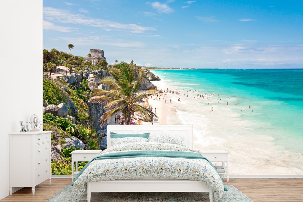 MuchoWow Fototapete für Wohnzimmer oder Schlafzimmer Wandtapete Vinyl Motivtapete Blick auf den Strand von Tulum in Mexiko - 390x260 cm - Papier...