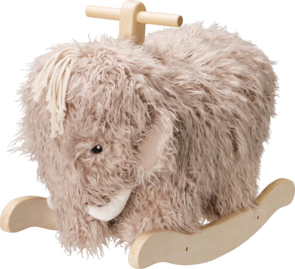 A plush mammoth rocking toy on a white background.