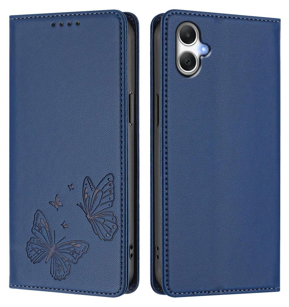 Lederhülle für Samsung Galaxy A07 5G/4G, Schmetterling Prägung Leder Brieftasche Schutzhülle mit Ständer Dunkelblau