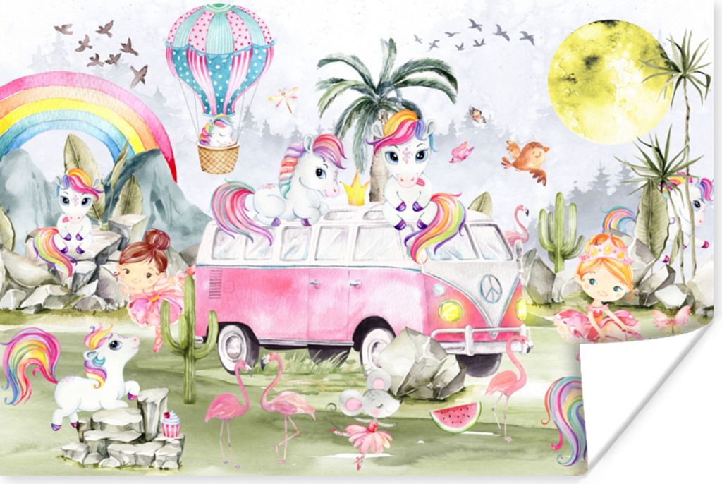 MuchoWow Poster Einhorn - Regenbogen - Kinder - Mädchen - Auto 180x120 cm - Fotoplakat