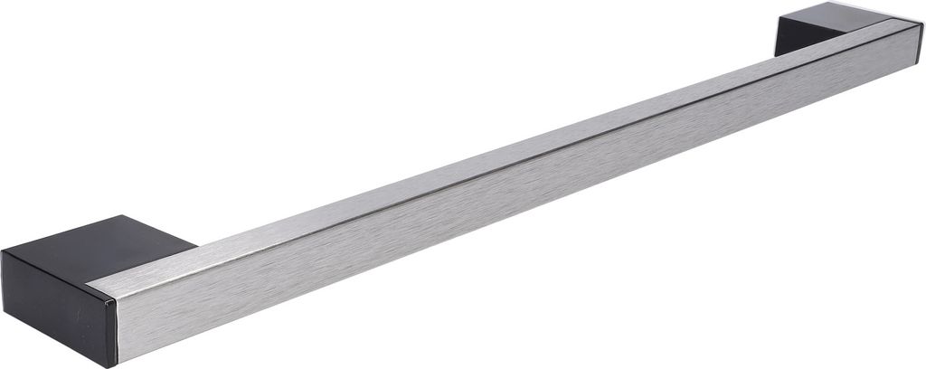 A silver and black door handle against a white background.