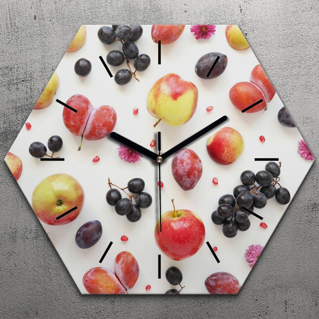 Uhr hexagonal 40 cm Glas Geräuschlos schwarze Zeiger - Weiße Farbige Früchte