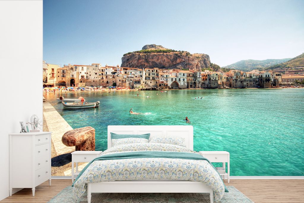 MuchoWow Fototapete für Wohnzimmer oder Schlafzimmer Wandtapete Vinyl Motivtapete Boot - Meer - Stadt - 450x300 cm - Gemusterte