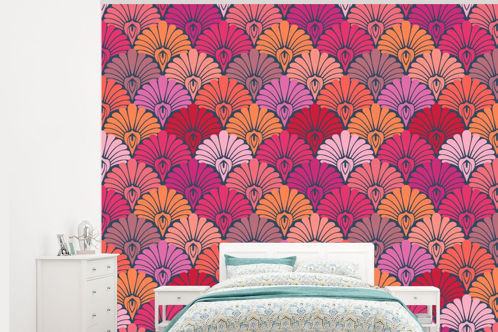 MuchoWow Fototapete für Wohnzimmer oder Schlafzimmer Wandtapete Vinyl Motivtapete Muster - Art Deco - Rosa - Blumen - 375x300 cm - Tapezierpapier