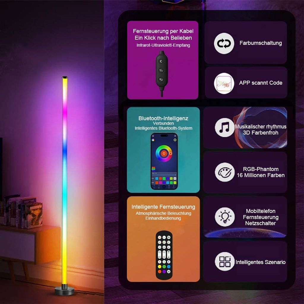 LED Stehlampe RGB ​Dimmbar Stehleuchte Bluetooth Produktbild 6