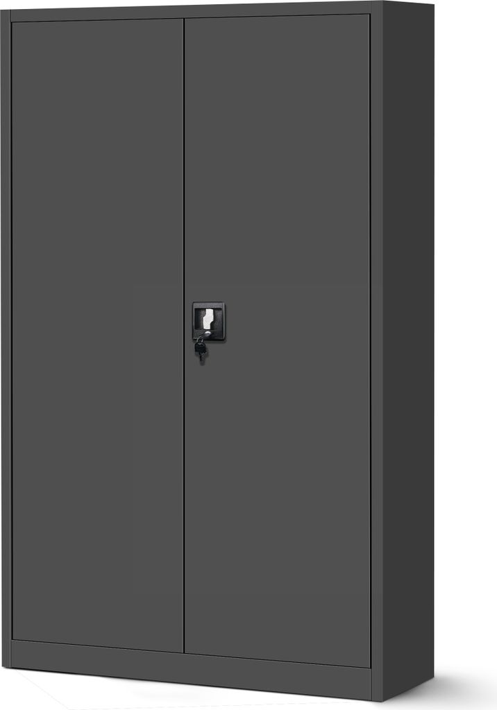 A gray metal cabinet with two doors and a lock is shown against a white background.