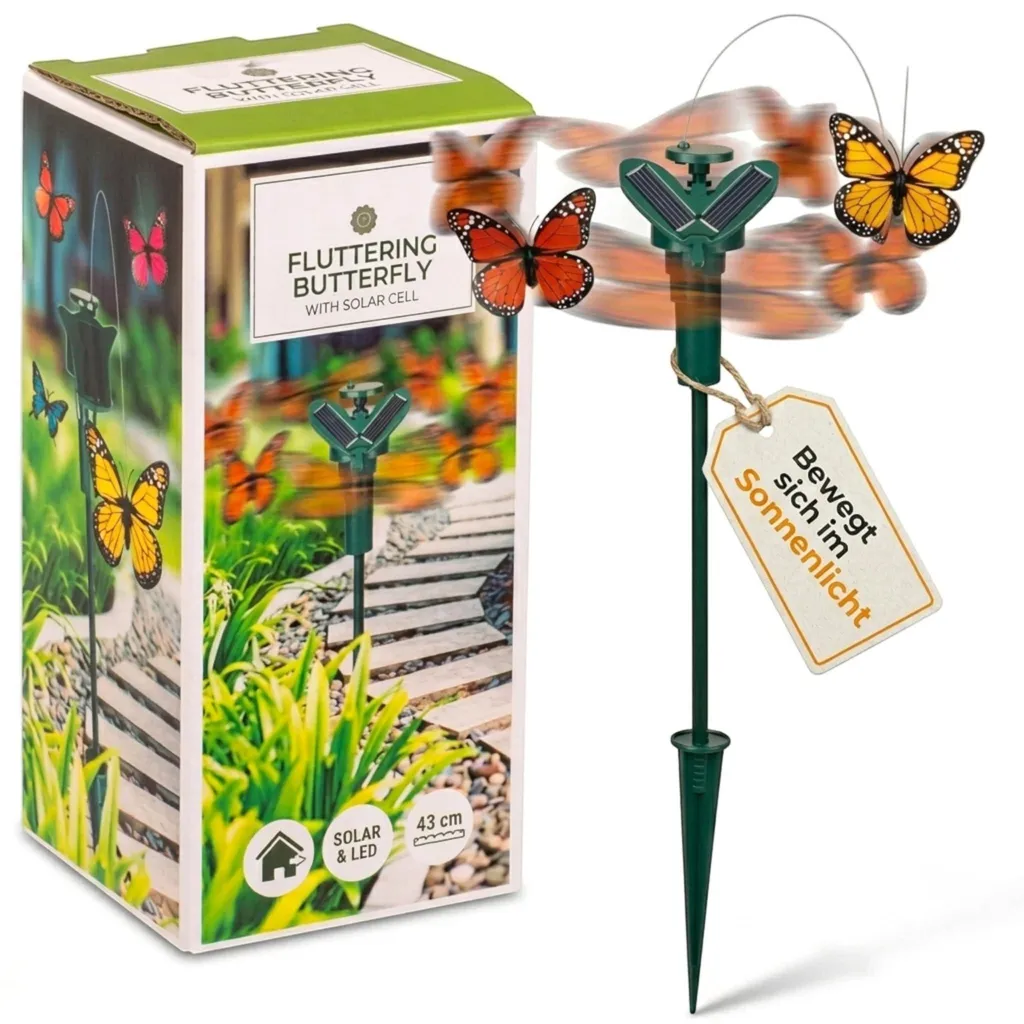 Décoration de jardin solaire avec papillon animé multicolore hauteur 43cm