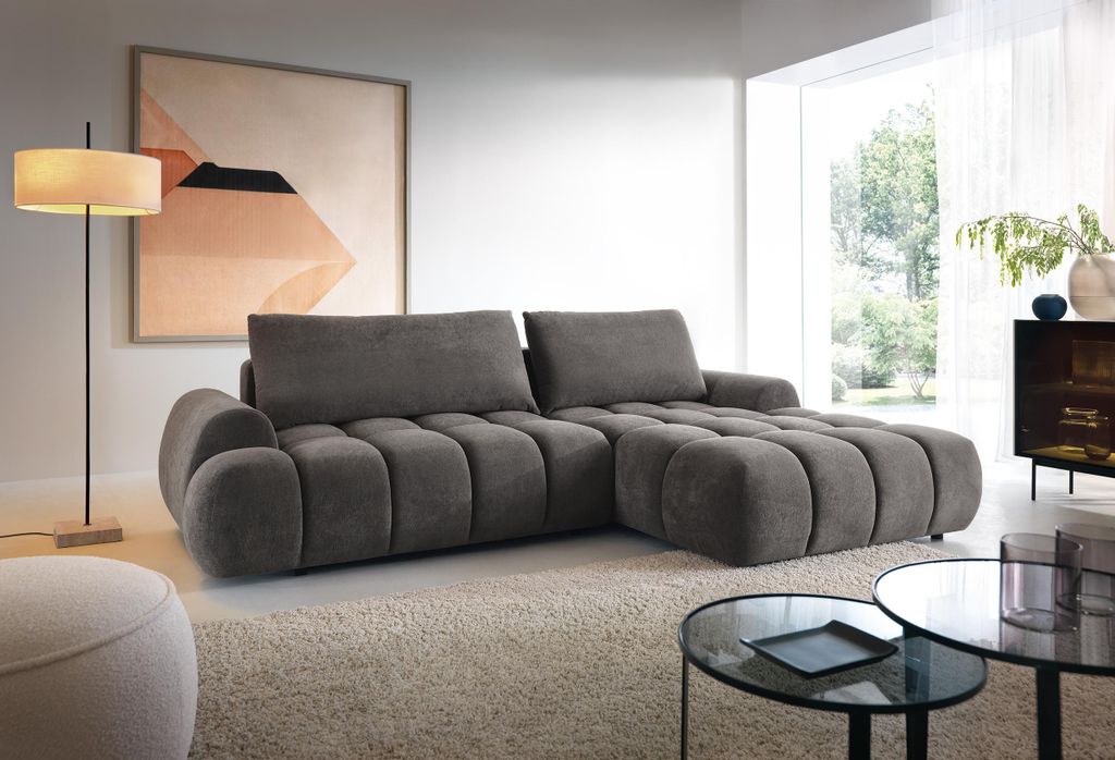 Ecksofa 280 cm Valerio mit Bettkasten und Schlaffunktion - Rechts, Ecksofa L-Form, Schaumstoff (Dunkelgrau - Gobi 17)