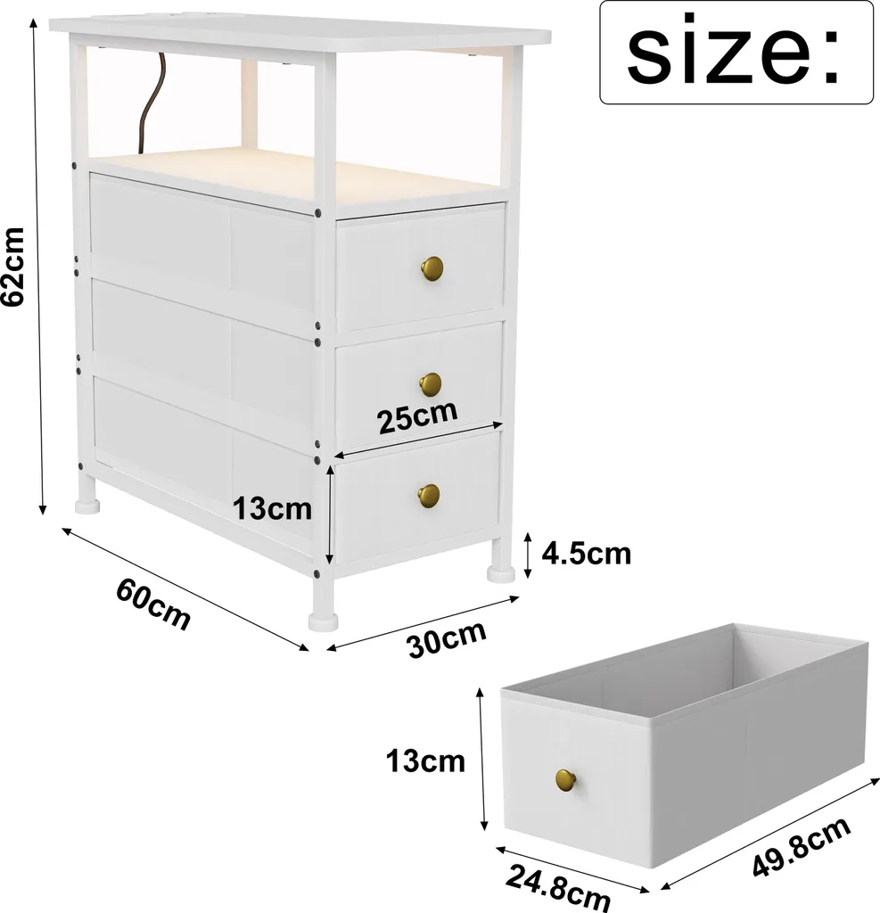 Table d'appoint LED blanche 3 tiroirs : design moderne et prise secteur - 6
