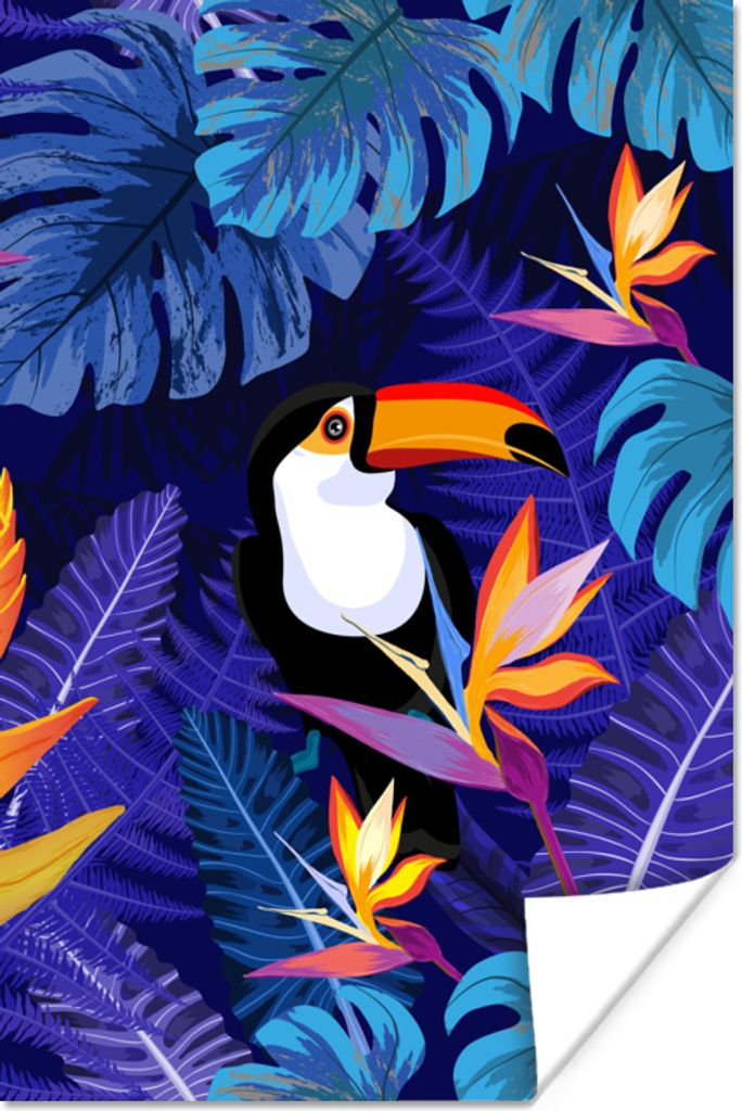 MuchoWow Poster Dschungel - Tukan - Blumen - Pflanzen - Kinder - Lila - Tiere 120x180 cm - Kunstposter