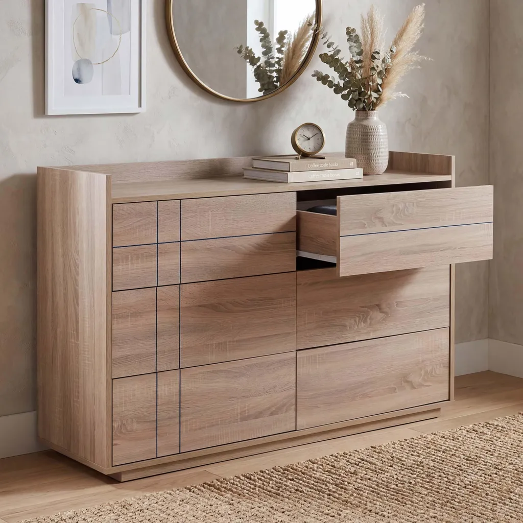 Commode 6 tiroirs à ouverture par pression HWC-P44, aspect chêne Sonoma