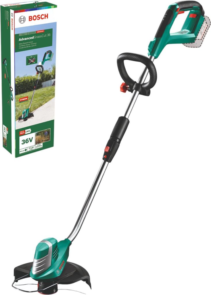 A Bosch AdvancedGrassCut 36 cordless grass trimmer is shown next to its packaging.