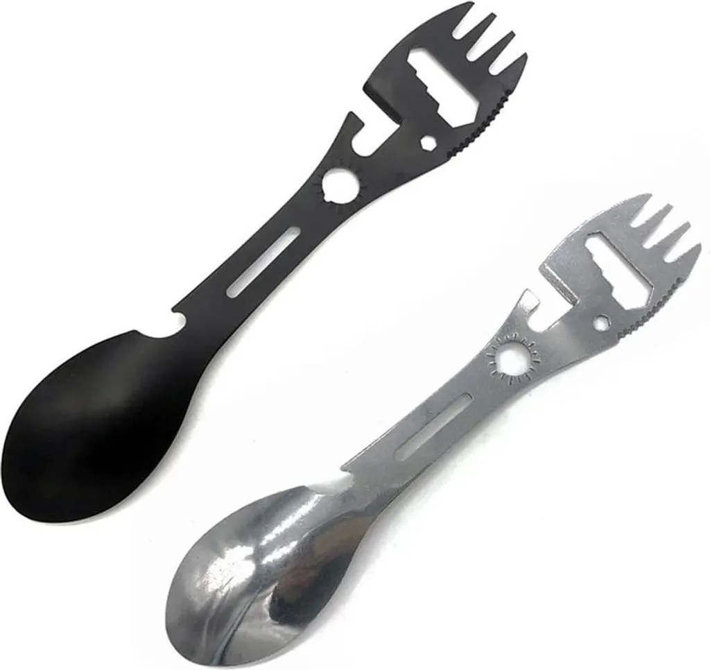 Kit repas camping : Cuillère-fourchette tactique noire avec décapsuleur - 4