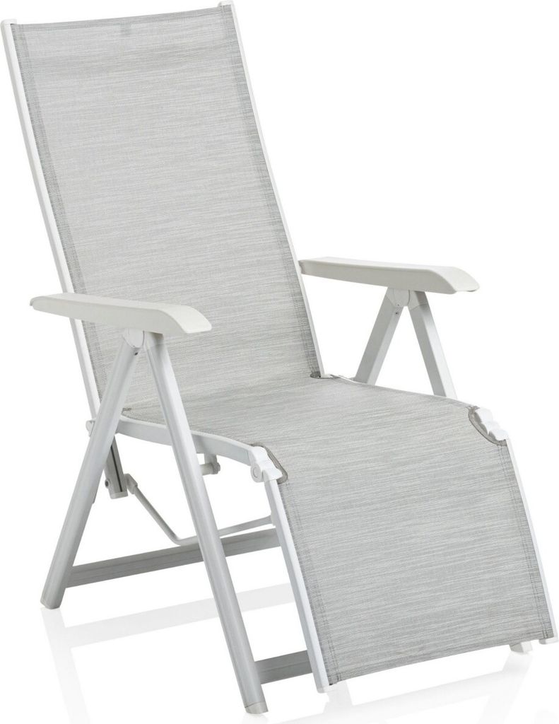 A single, light gray reclining chair with a white frame, shown against a white background.