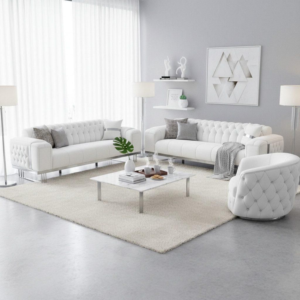 Sofa Imperial Premium Chromfarben, 3-Sitzer mit Schlaffunktion, Sitzausführung wählbar Ausführung: 3-Sitzer + 3-Sitzer + Sessel Farbe: Weiß