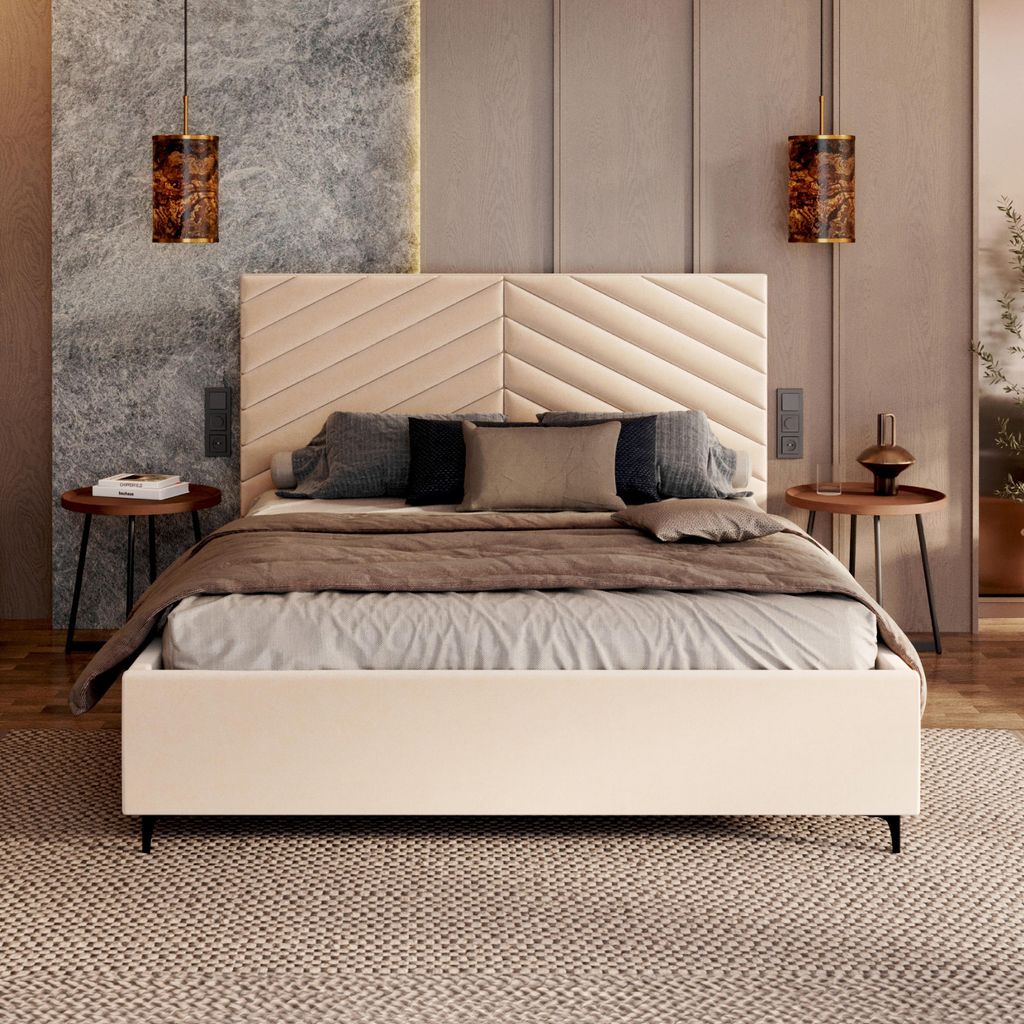 FDM Bett MISTERO Paris 120x200 cm Polsterbett mit Lattenrost aus Metall Bettkasten Stauraumbett Samt cream