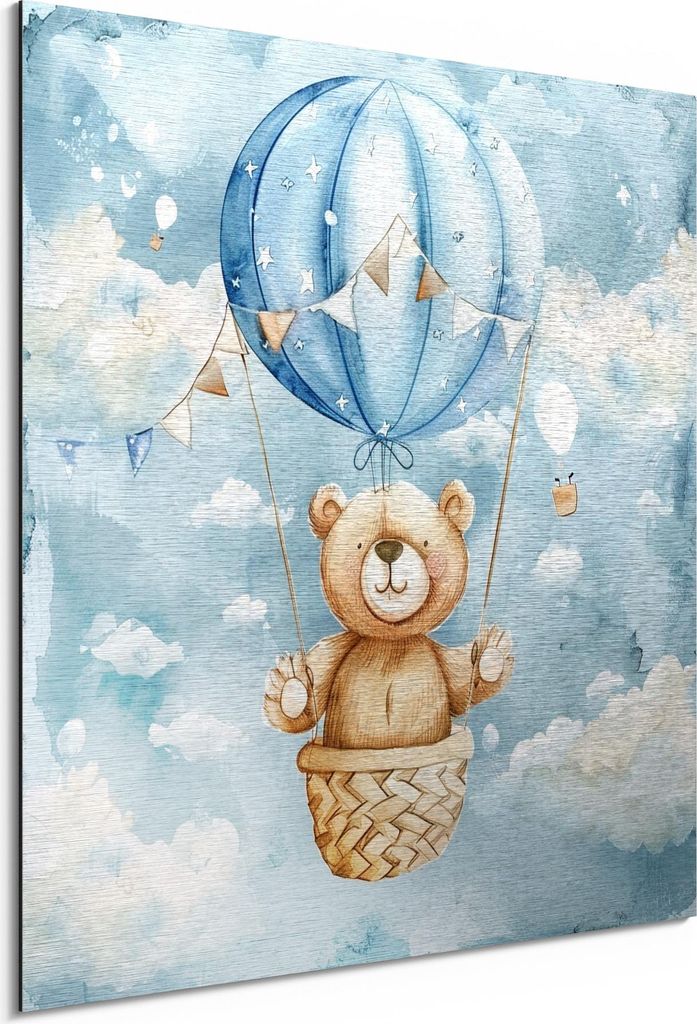 DEQORI Alu-Dibond Bild Silber 30x30 cm 'Bärchen im Ballon' Wandbild Metall dünn Design
