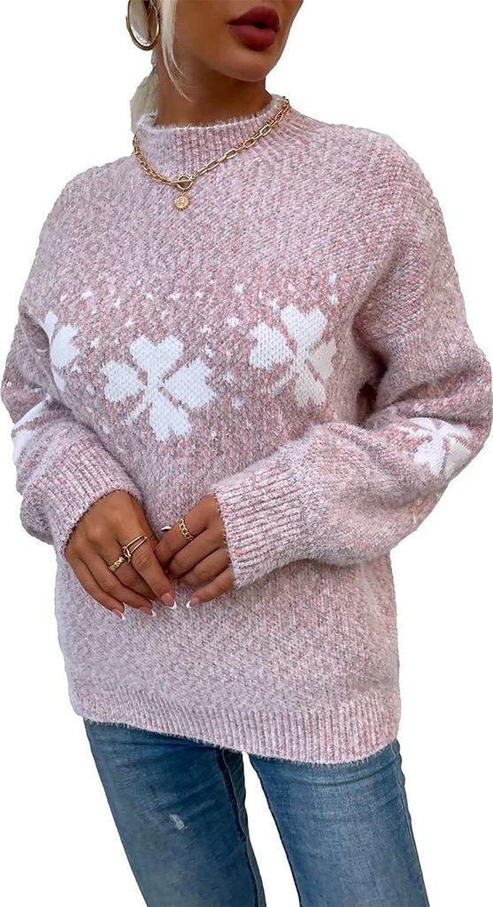 ASKSA Damen Weihnachten Pullover Strickpulli Hohem Kragen Langarm Jumper Sweater, C Rosa, M