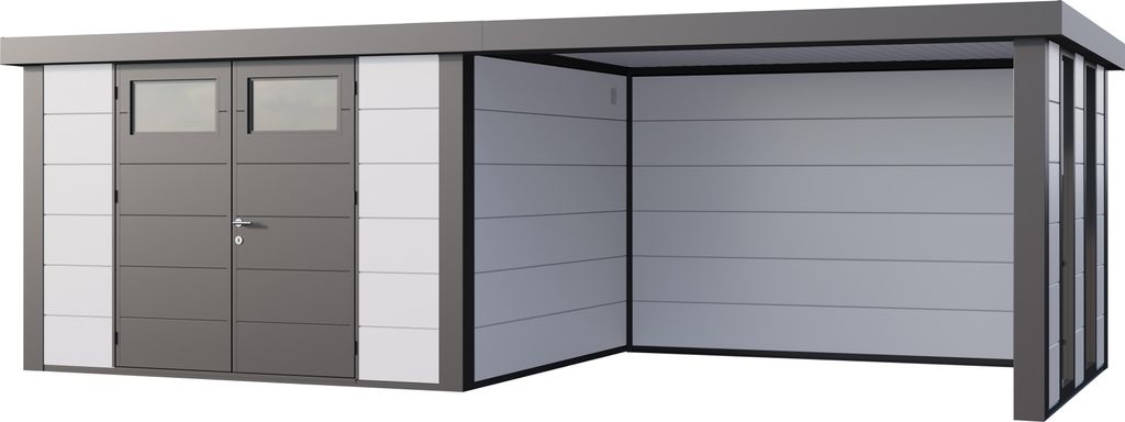 Telluria Metallgerätehaus Classico 3330 mit Lounge Anbau (ca. 344 cm Breite) weiß Lounge-Anbau rechts inkl. 2 Fenstern