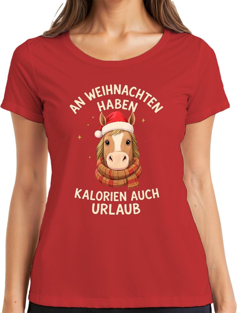 An Weihnachten haben Kalorien Urlaub Pferd lustig Damen T-Shirt, Rot, M