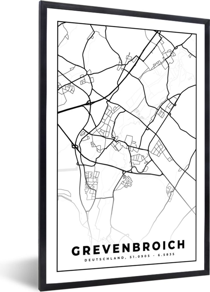 MuchoWow Gerahmtes Poster Grevenbroich - Karte - Stadtplan 40x60 cm - Poster mit Schwarzem Bilderrahmen Wandposter Rahmen Foto Bilder - Papierdru...