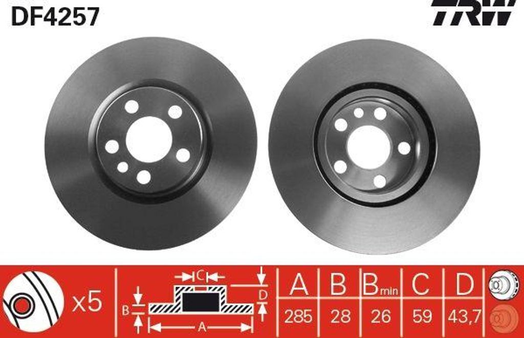 TRW DF4257 Bremsscheibe OE 4246P2 kompatibel mit C8, Jumpy, Scudo, Ulysse, Phedra, 807, Expert