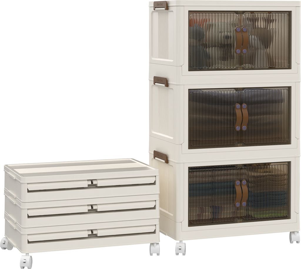 3 Stück Aufbewahrungsbox mit Deckel,45L Faltbare Boxen Aufbewahrung mit Tür und Rollen,Stapelbar Groß Plastikbox für Büro, Küche,Spielzeug 49...