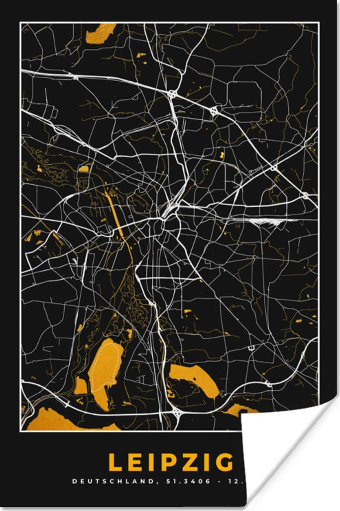 MuchoWow Poster Leipzig - Gold - Stadtplan - Deutschland - Karte 80x120 cm - Papierdruck