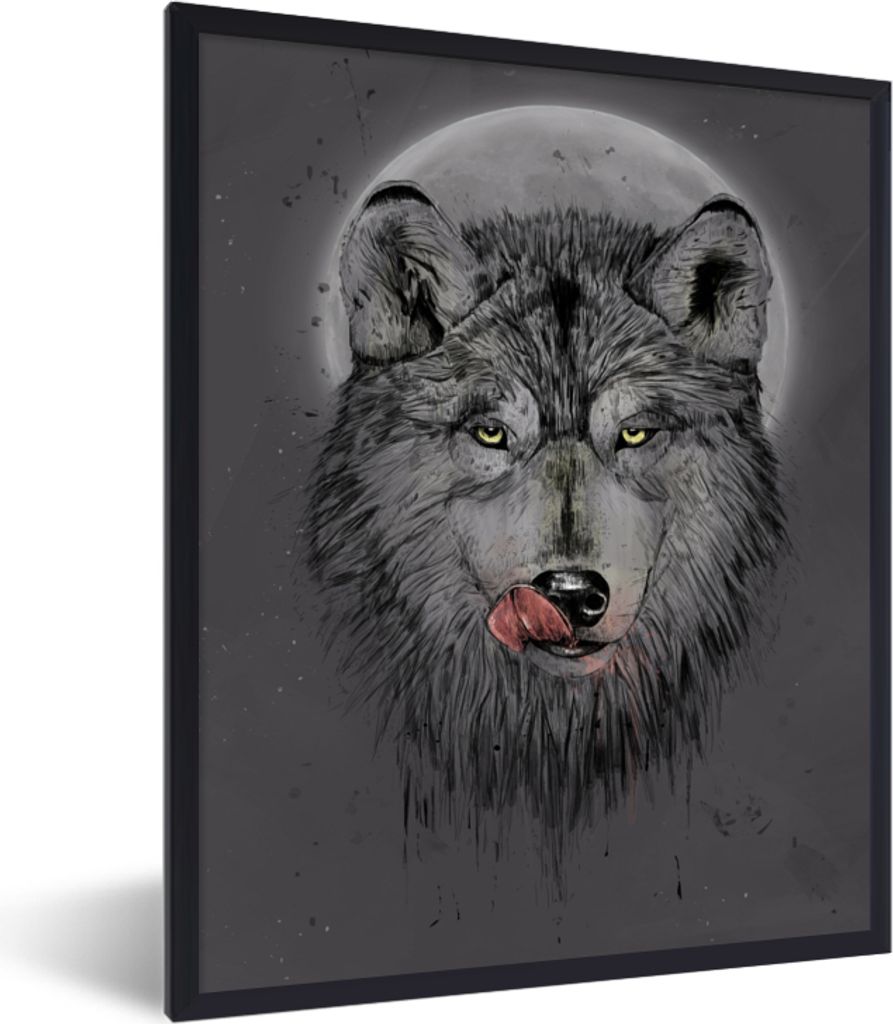 MuchoWow Gerahmtes Poster Wolf - Mond - Tiere - Dunkelheit 60x80 cm - Poster mit Schwarzem Bilderrahmen Wandposter Rahmen Foto Bilder - Premium -...