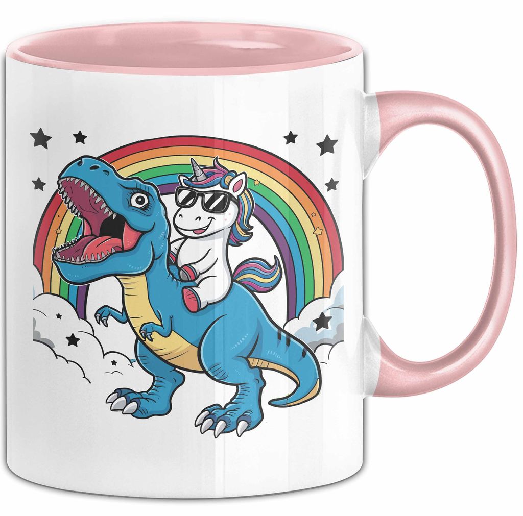 Einhorn Liebhaber Tasse Geschenk Einhorn Reitet Auf Dinosauriere T-Rex Dino Frauen Geschenk (Rosa)