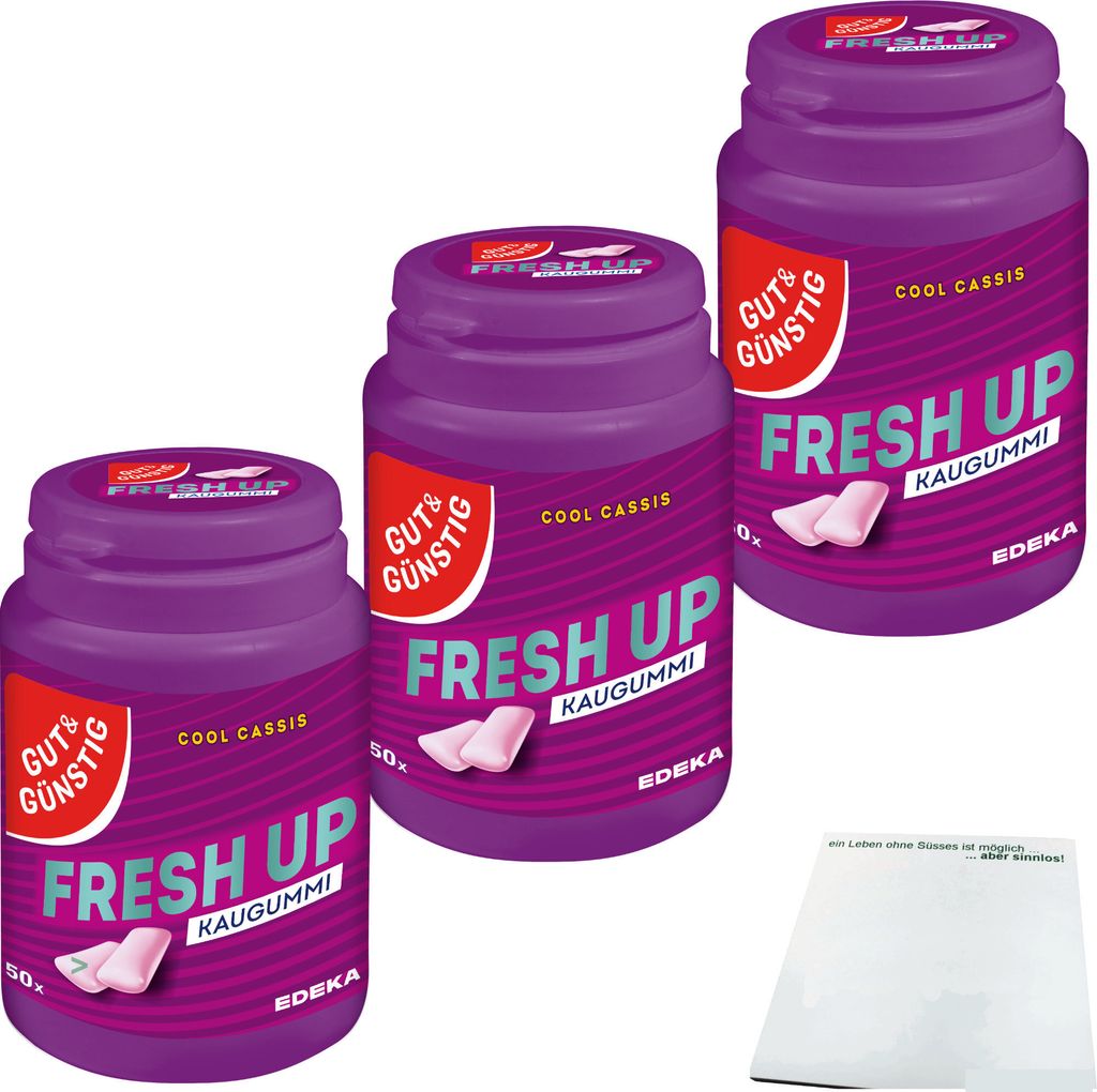 Gut & Günstig Kaugummi Cool Cassis zuckerfrei 3er Pack (3x50 Stk. Dose) + usy Block