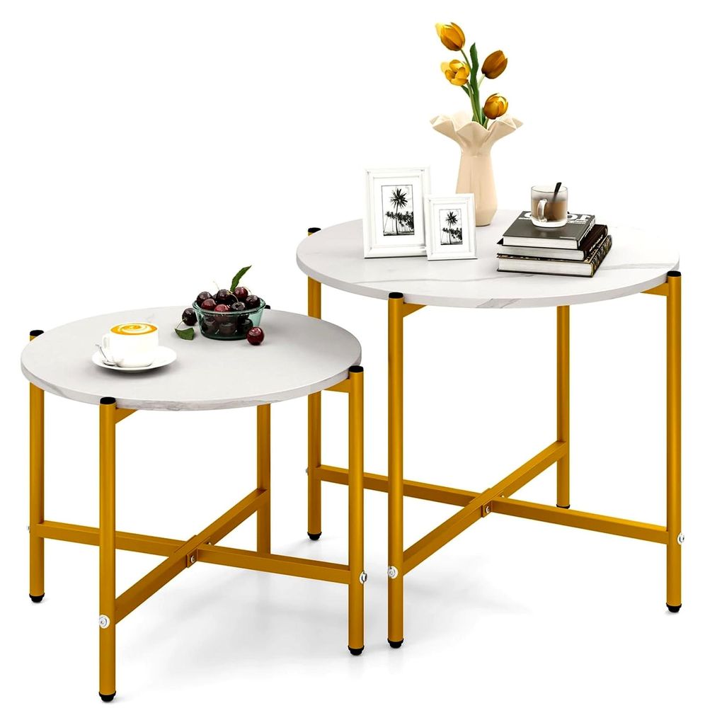 2er Set runde Couchtische, Beistelltische mit Marmoroptik und Metallgestell, moderner Wohnzimmertisch, Sofatisch Set, Satztische für Wohnzimmer un...