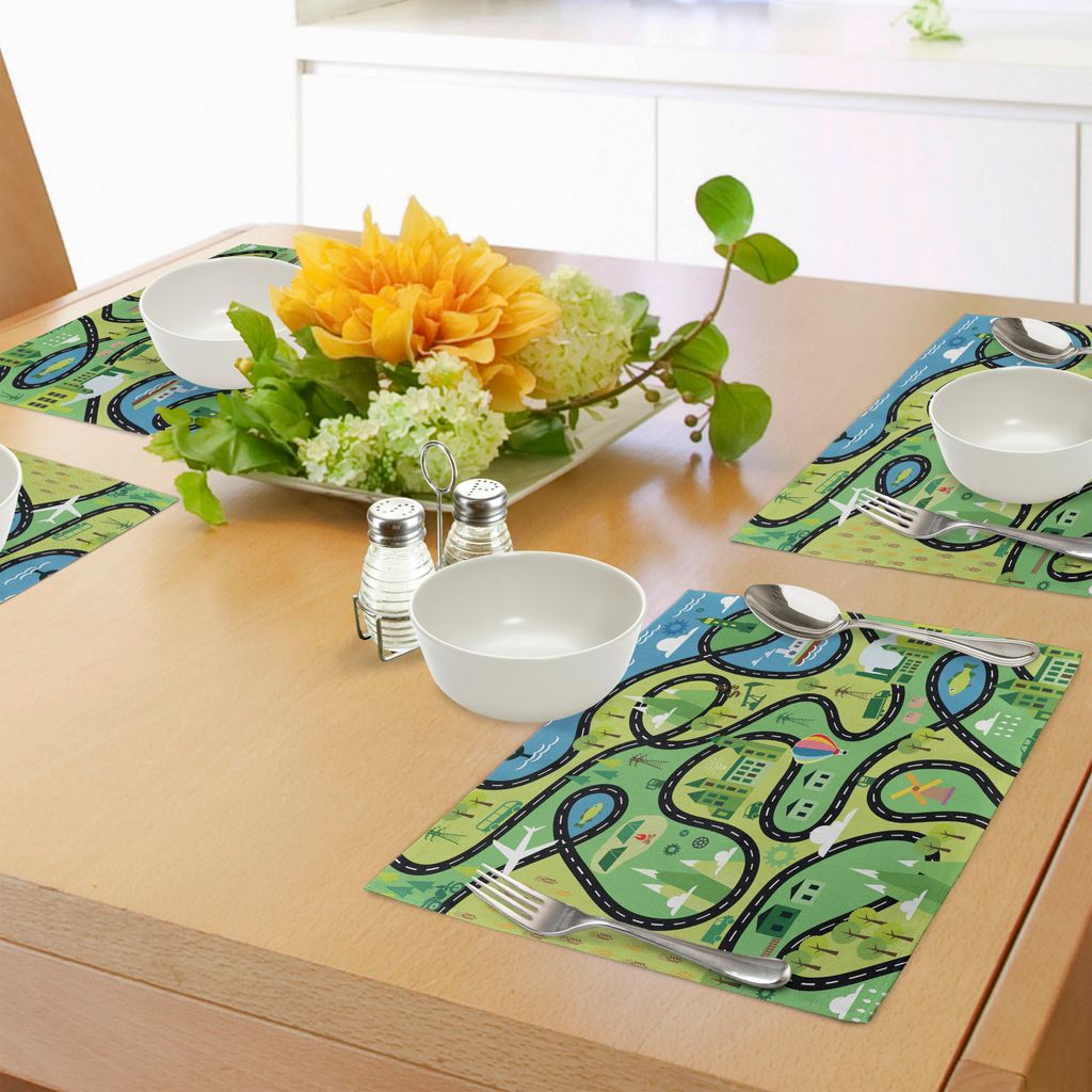 ABAKUHAUS "Jungen Platzmatten, Vogelperspektive von Küstenvororten mit Straßen-Karikatur-Art-Heißluft-Ballon-Windmühle, Tiscjdeco aus Farbfeste...