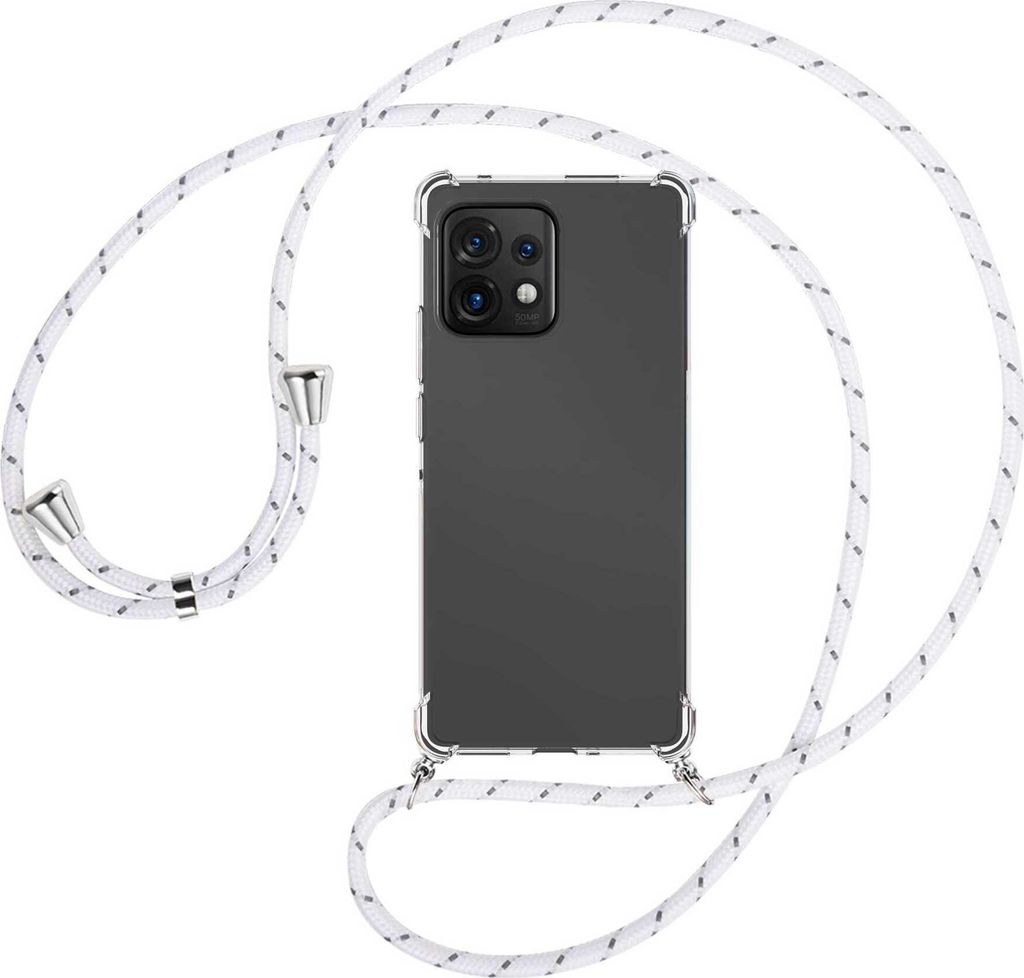 Handykette Backcover-Schutzhülle mit Band (Metall silberfarben) für Motorola Edge 40 Pro (Moto X40) - weiß/grau