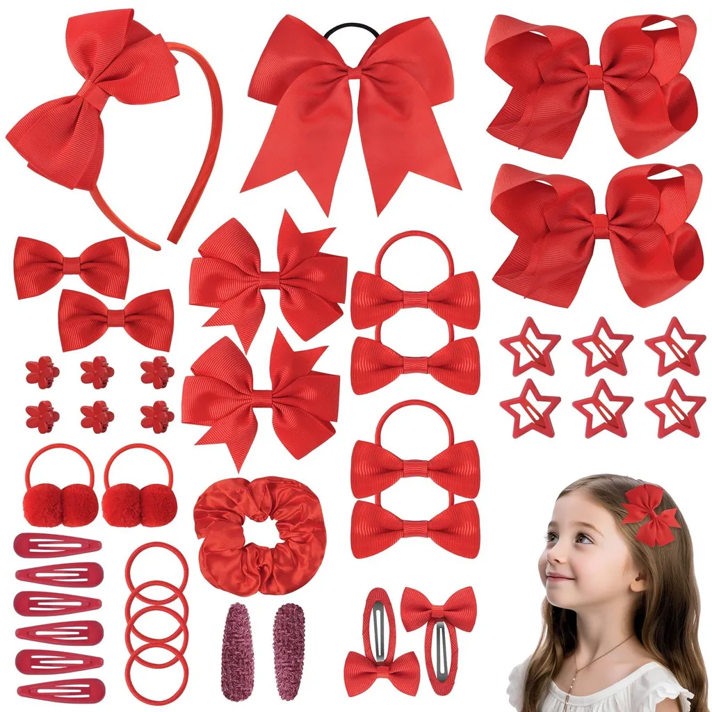 Barrettes à nœuds pour petites filles - Lot de 77 pièces rouges festives