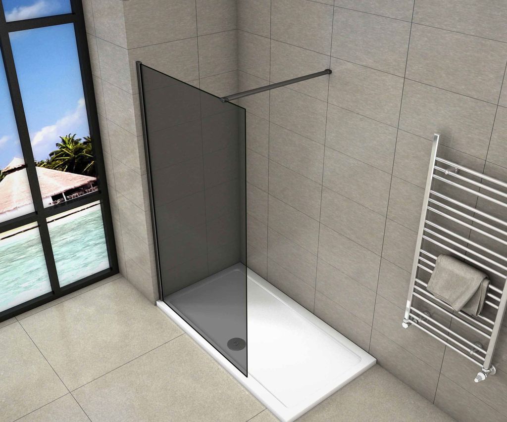 Aica Schwarze walk in Dusche 120x200cm Duschwand 8mm NANO-Glas mit Glasschutzfolie +Schwarze 90cm Stabilisator Duschtrennwand F129 Duschkabine