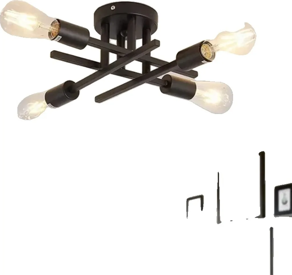 Plafoniera Industrial Chic 4 Bracci Nero - Lampadario Retro E27