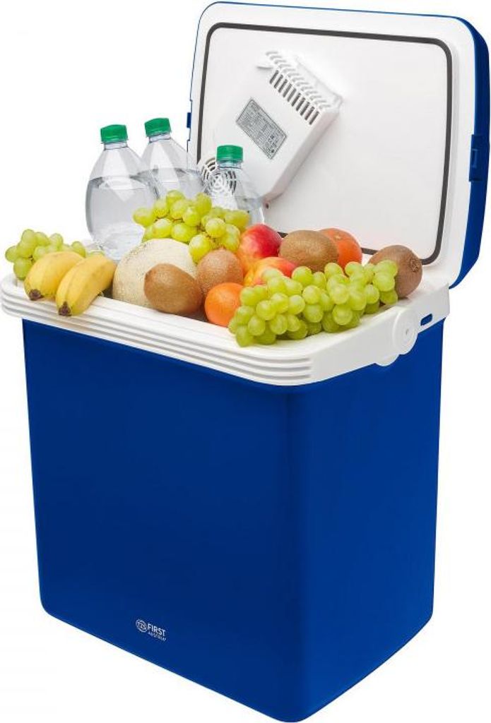 A blue cooler box filled with fruits and water bottles.