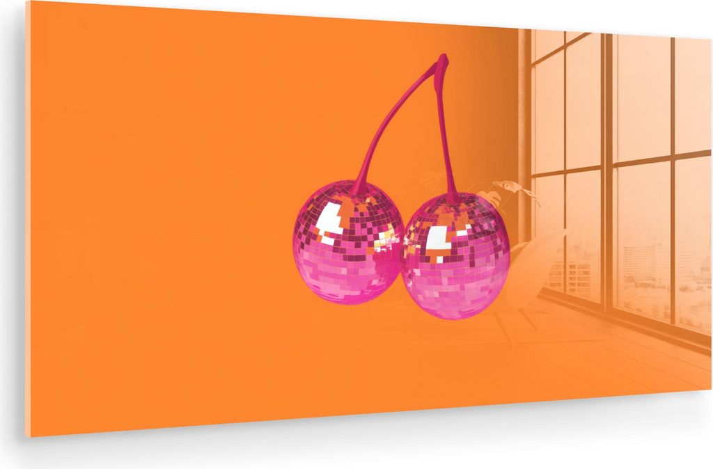 MuchoWow Glasbilder - Bilder auf Wandbild - Foto auf Glas Discokugeln - Kirsche - Spiegel - Rosa 80x40 cm Wanddekoration aus Glas - Acrylglasbild -...