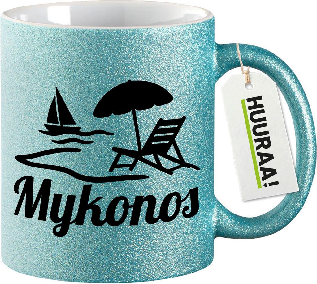 Huuraa Glitzertasse Mykonos Griechenland 330ml Blau Keramik Kaffeebecher Geschenkidee