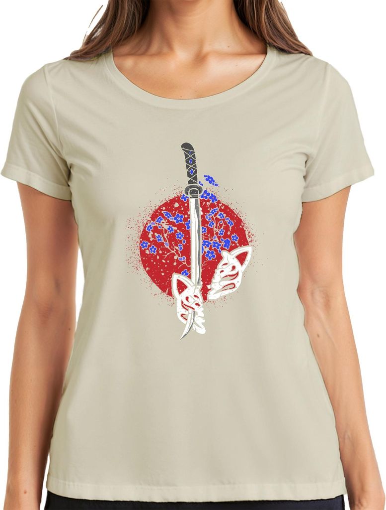 Katana Samurai Kitsune Maske Sakura Kirschblüten Japan Sonne Damen T-Shirt, Natur, 3XL