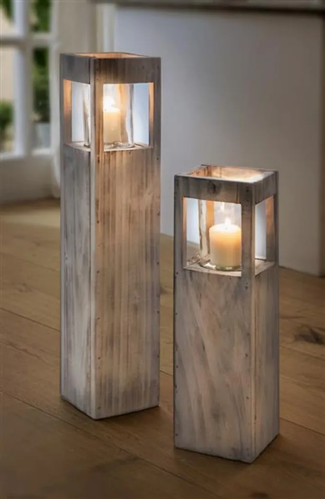 Colonne à bougies Shabby en bois avec verre protecteur, hauteur 50 cm