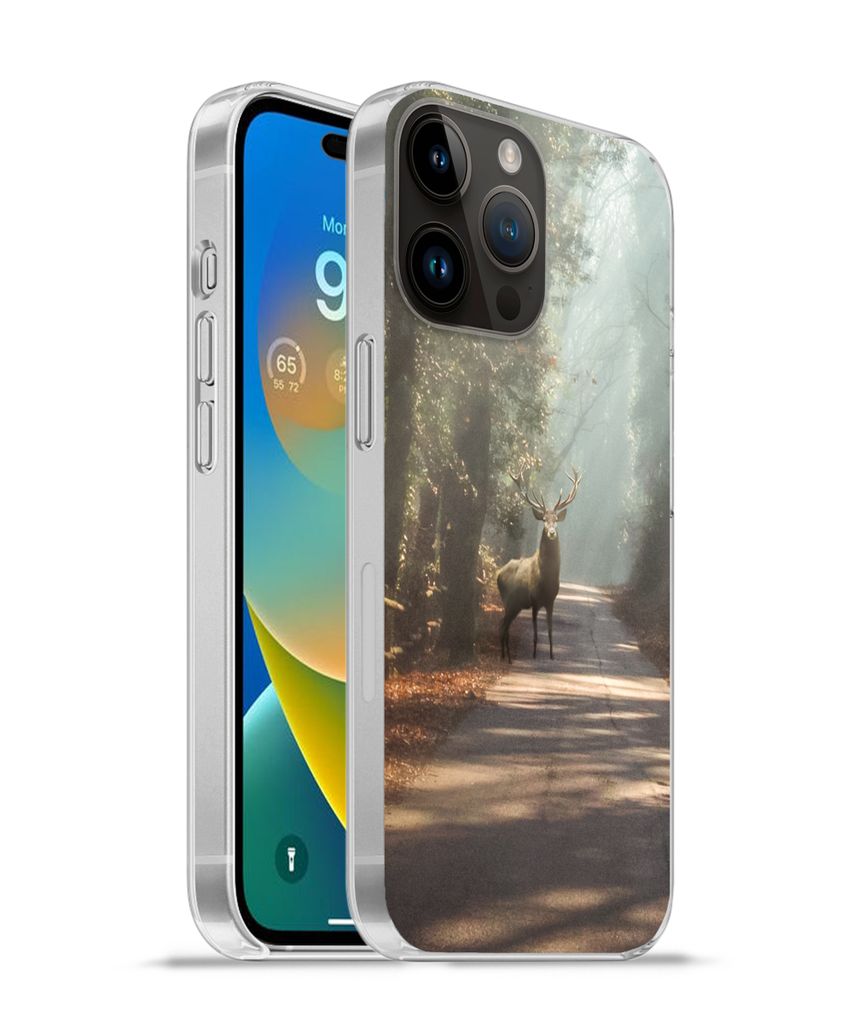 MuchoWow Handyhülle Schutzhülle Hülle für Apple iPhone 14 Pro - Softcase Hirsche - Wald - Sonnenstrahlen Silikon Softcase Handy Hülle - Umsc...