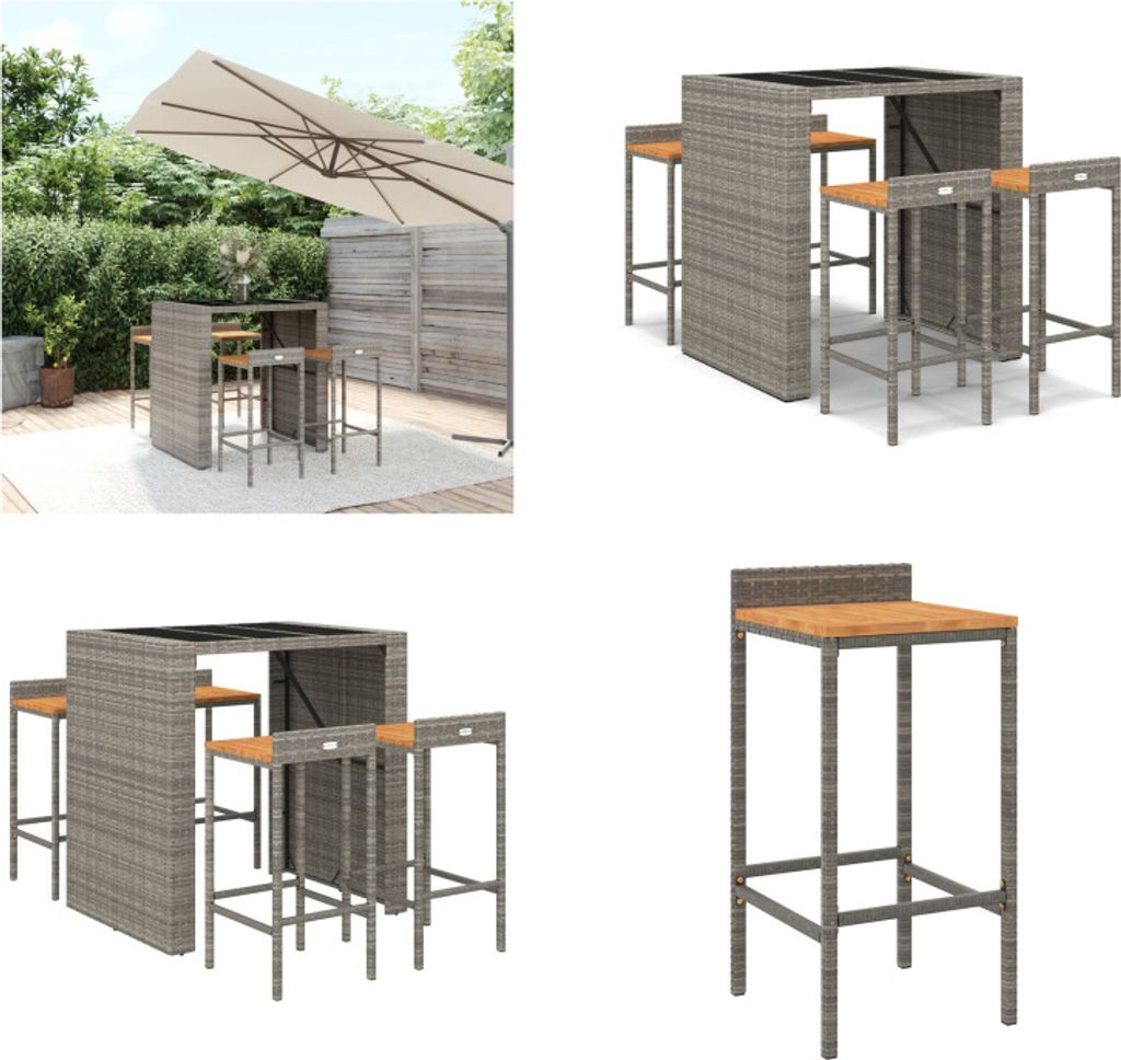 vidaXL 5 tlg. Gartenbar Set Grau Poly Rattan & Massivholz Akazie - Gartenbar Set - Gartenbar Sets - Garten Bar Set - Gartenbar