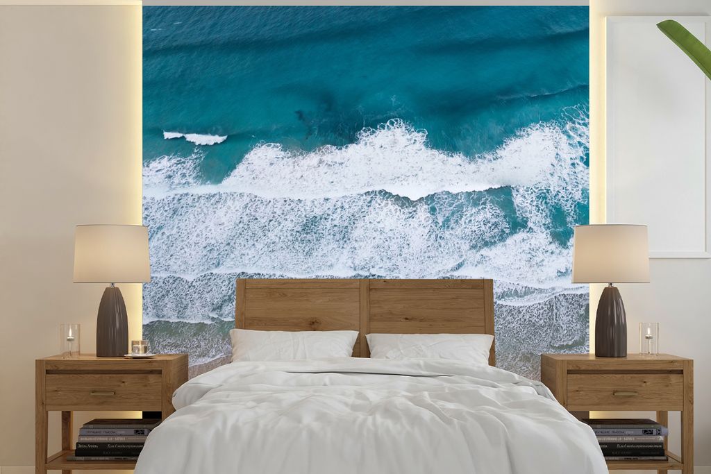 MuchoWow Fototapete für Wohnzimmer oder Schlafzimmer Wandtapete Vinyl Motivtapete Strand - Meer - Wasser - Blau - 350x350 cm - Schlafzimmertapete