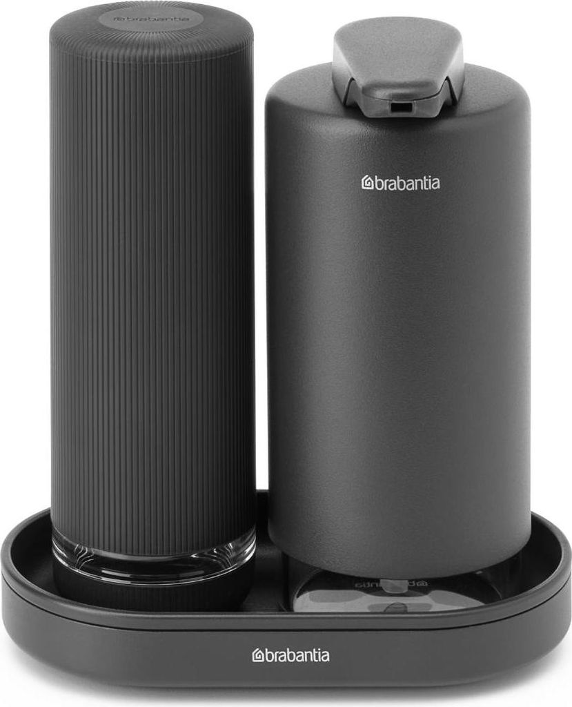 Brabantia - Seifen- und Spülmittelspender-Set mit 2 stilvollen Spendern für Seife und Spülmittel, mit Tablett, aus Metall mit Strukturbeschichtu...