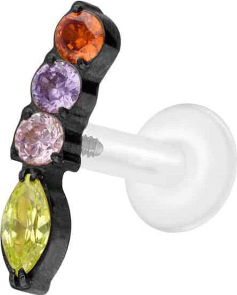 Ohrpiercing, Nasenpiercing PTFE Labret mit Innengewinde + Titan-Aufsatz BUNTER KRISTALLBOGEN Schwarz Stablänge: 6mm | Stabstärke: 1,6mm